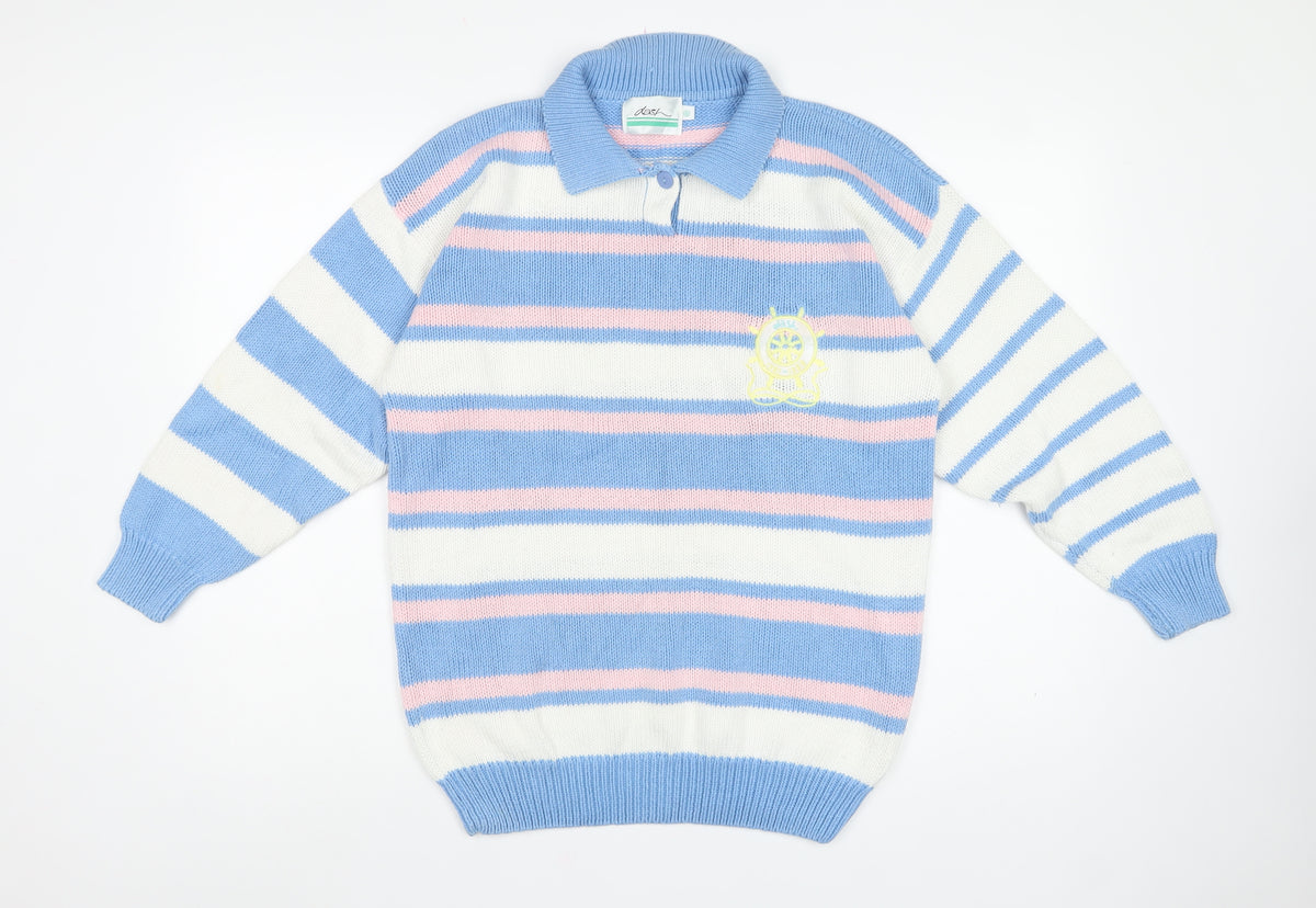 Dash Women’s Blue Pink Stripe Nautical Collared Henley Jumper S