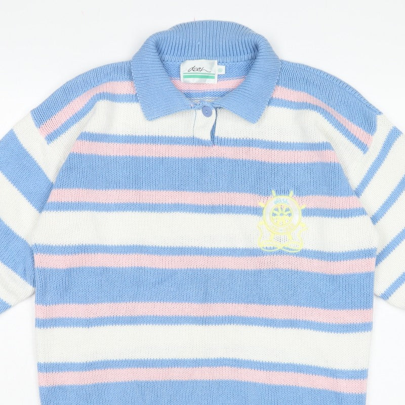 Dash Women’s Blue Pink Stripe Nautical Collared Henley Jumper S