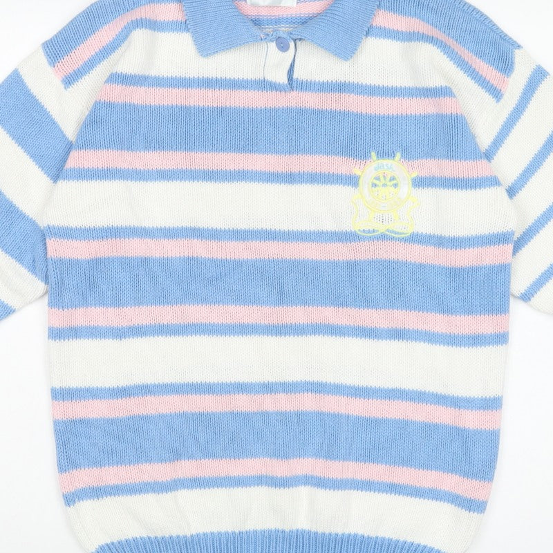 Dash Women’s Blue Pink Stripe Nautical Collared Henley Jumper S