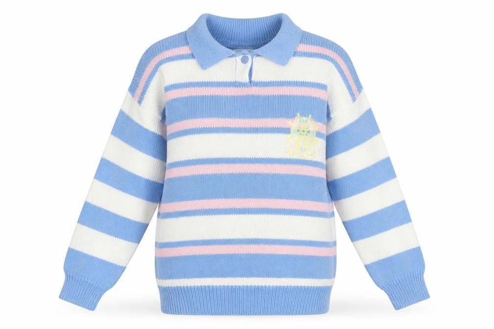 Dash Women’s Blue Pink Stripe Nautical Collared Henley Jumper S