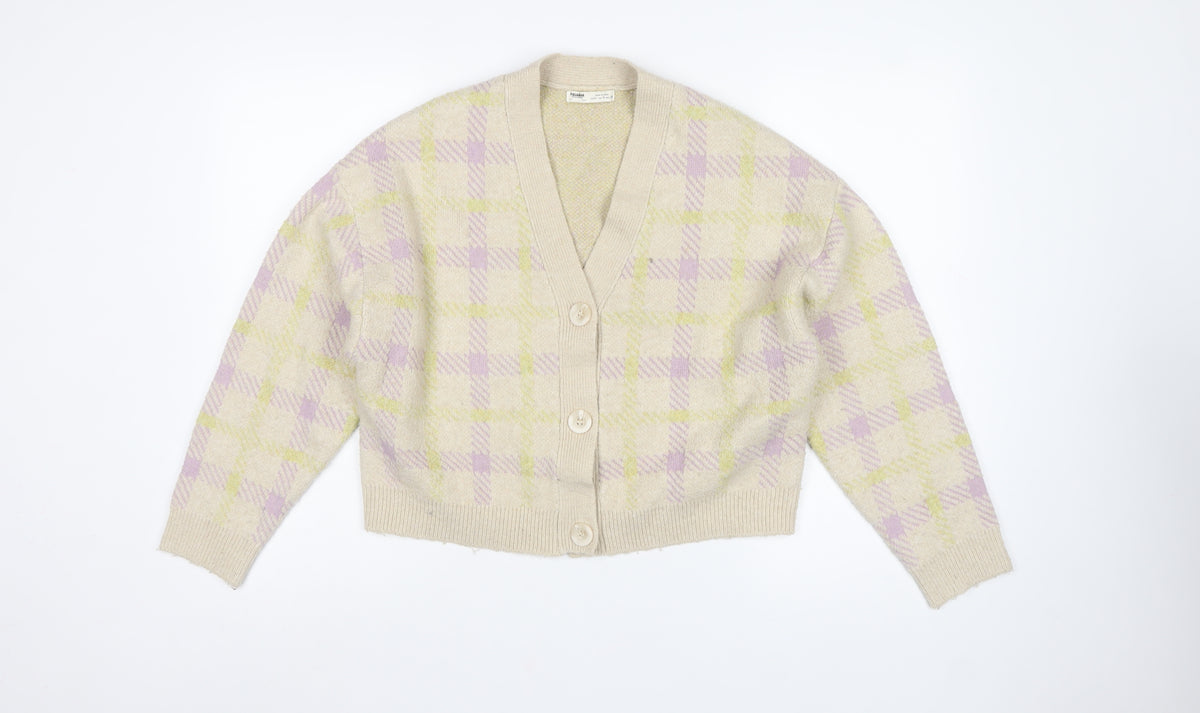 Pull&Bear Women’s Multicoloured Check V-Neck Button Cardigan Size S
