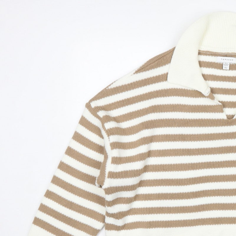 Topshop Women Beige Stripe Collared Knit Pullover Jumper UK 12 M
