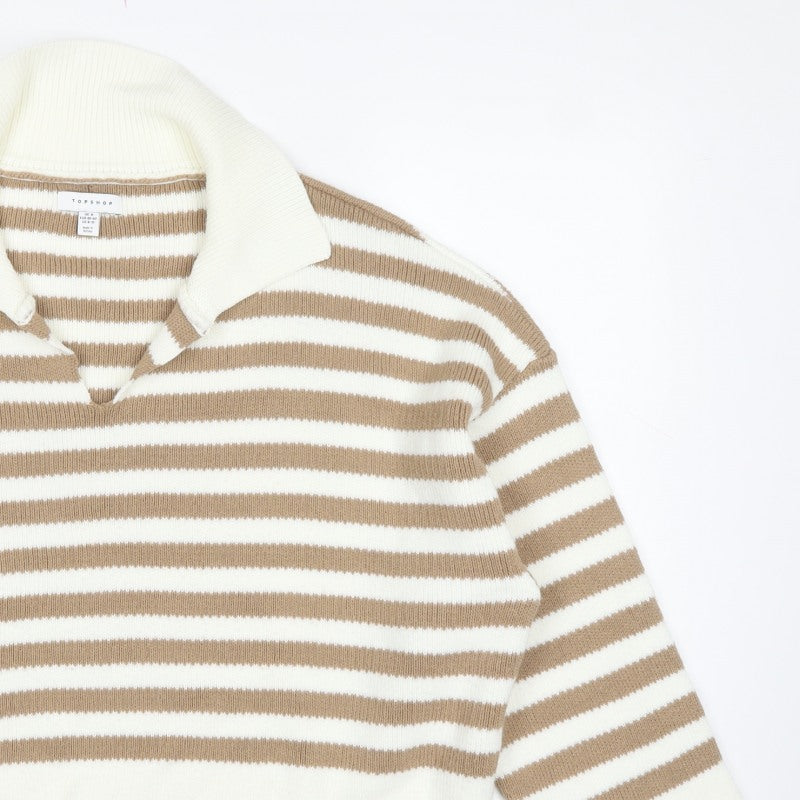 Topshop Women Beige Stripe Collared Knit Pullover Jumper UK 12 M