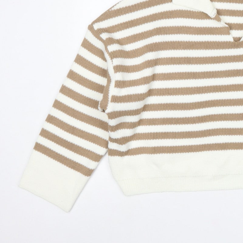 Topshop Women Beige Stripe Collared Knit Pullover Jumper UK 12 M