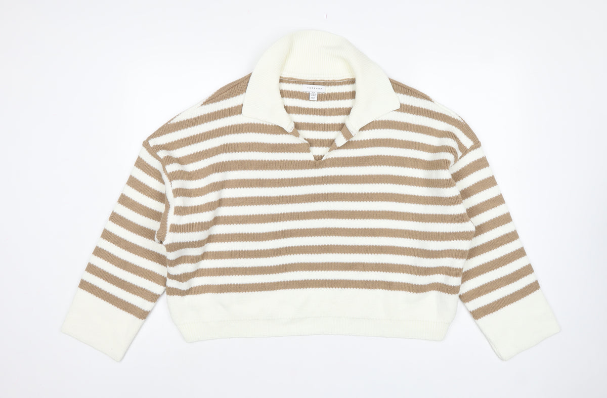 Topshop Women Beige Stripe Collared Knit Pullover Jumper UK 12 M