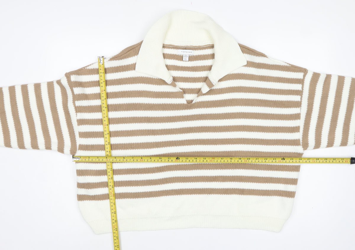Topshop Women Beige Stripe Collared Knit Pullover Jumper UK 12 M