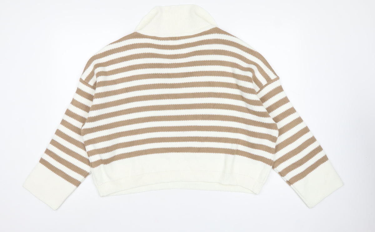 Topshop Women Beige Stripe Collared Knit Pullover Jumper UK 12 M