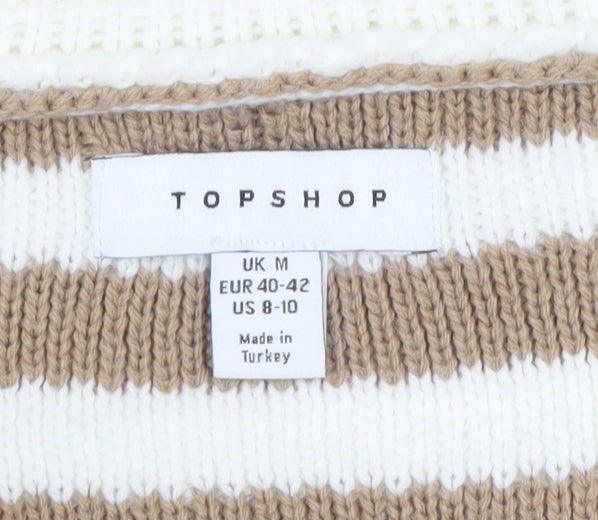 Topshop Women Beige Stripe Collared Knit Pullover Jumper UK 12 M