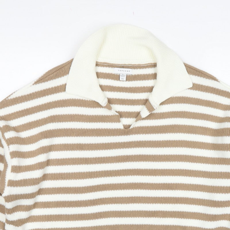 Topshop Women Beige Stripe Collared Knit Pullover Jumper UK 12 M