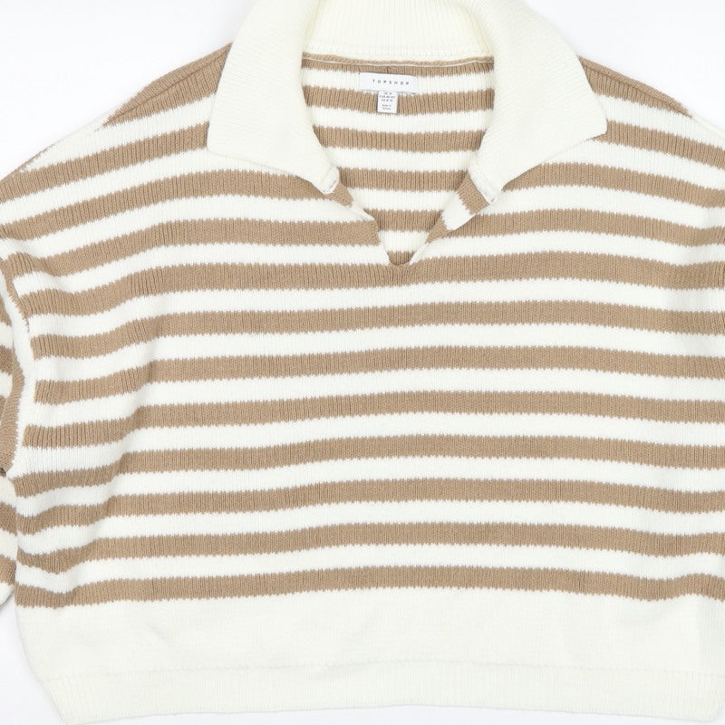 Topshop Women Beige Stripe Collared Knit Pullover Jumper UK 12 M