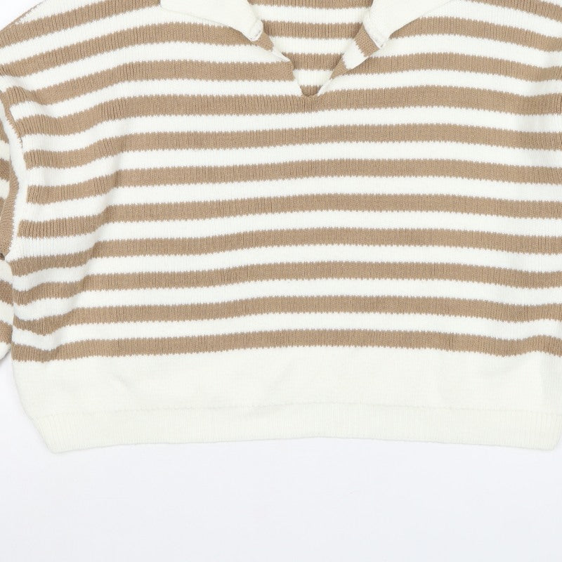 Topshop Women Beige Stripe Collared Knit Pullover Jumper UK 12 M