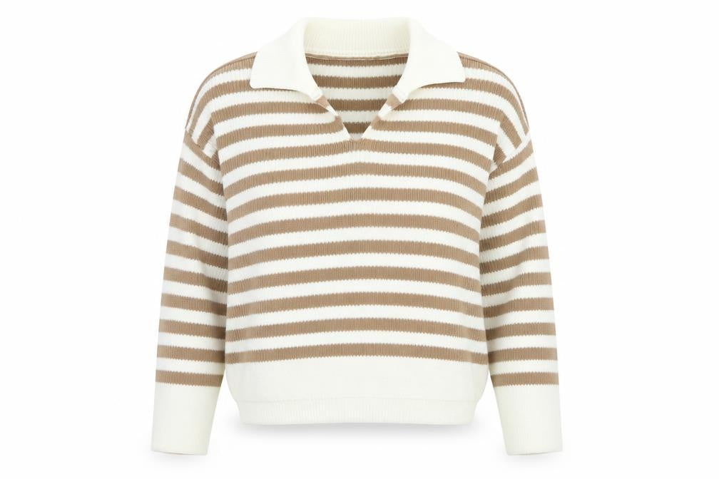 Topshop Women Beige Stripe Collared Knit Pullover Jumper UK 12 M