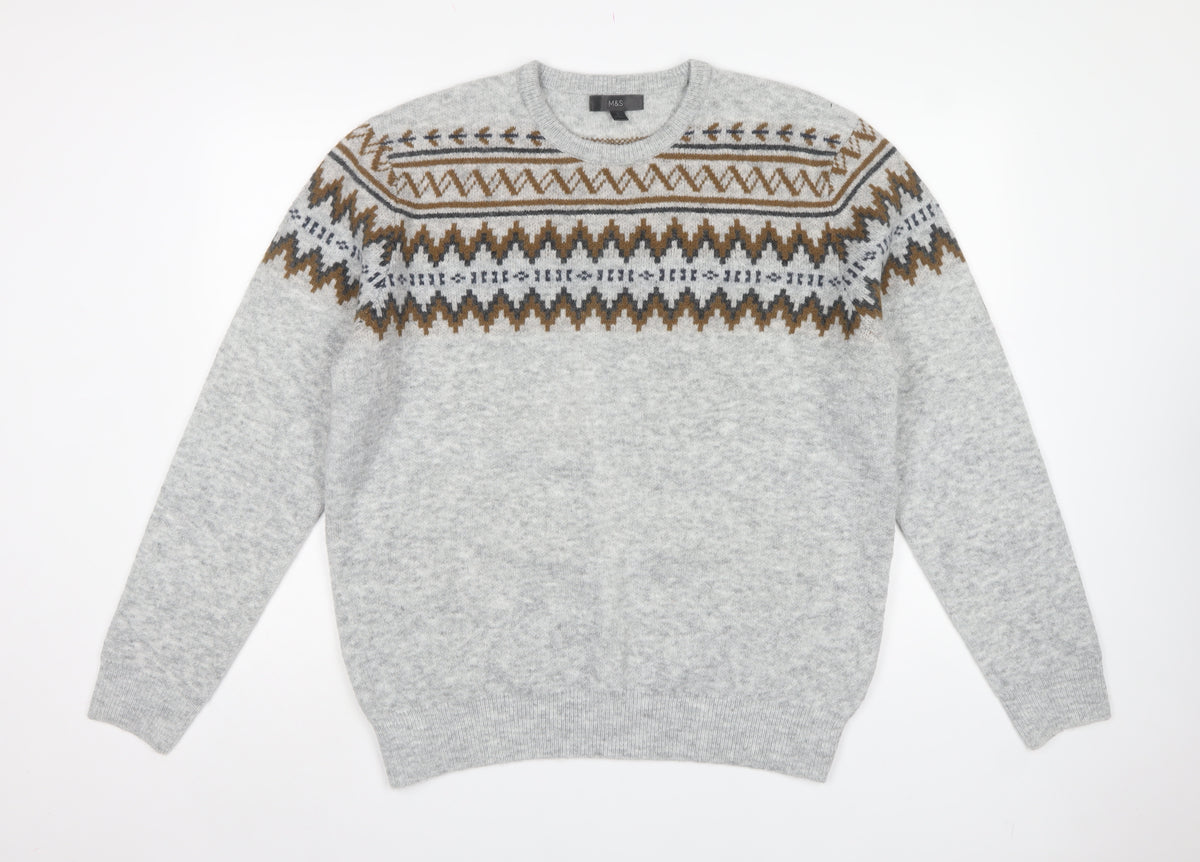 M&S Men Grey L Fair Isle Crew Neck Knit Pullover Jumper