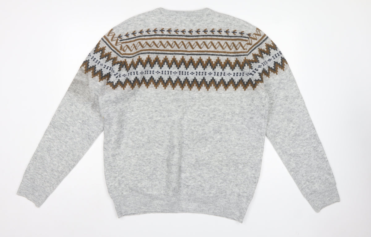 M&S Men Grey L Fair Isle Crew Neck Knit Pullover Jumper