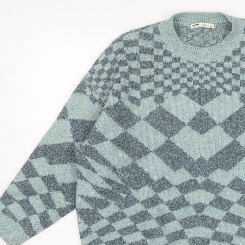 Pull&Bear Women’s Blue Grey Argyle Knit Pullover Jumper XS