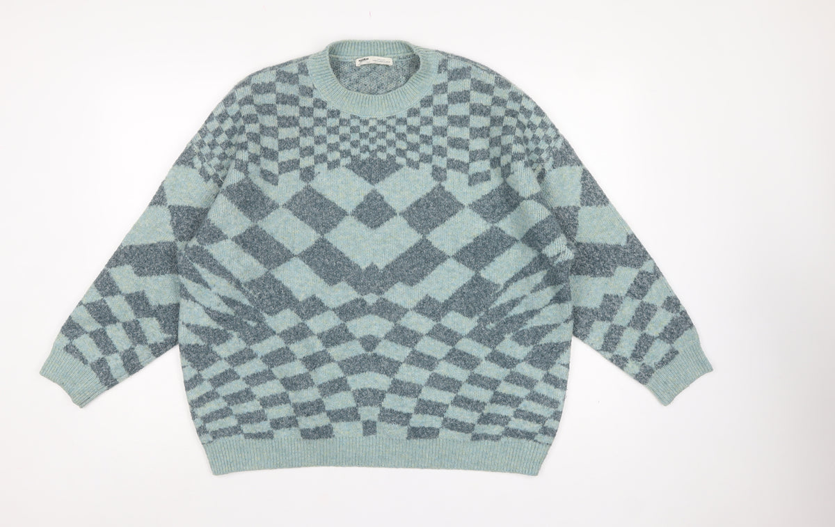 Pull&Bear Women’s Blue Grey Argyle Knit Pullover Jumper XS