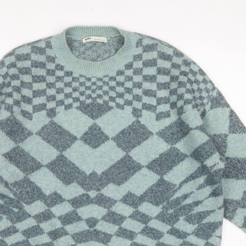 Pull&Bear Women’s Blue Grey Argyle Knit Pullover Jumper XS