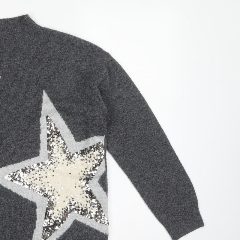 M&S Womens Grey Small Sequin Star High Neck Knit Jumper