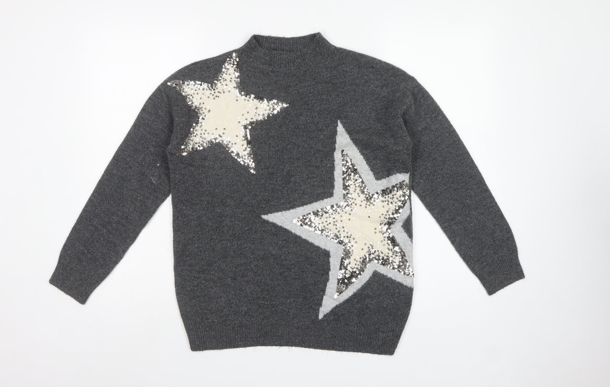 M&S Womens Grey Small Sequin Star High Neck Knit Jumper