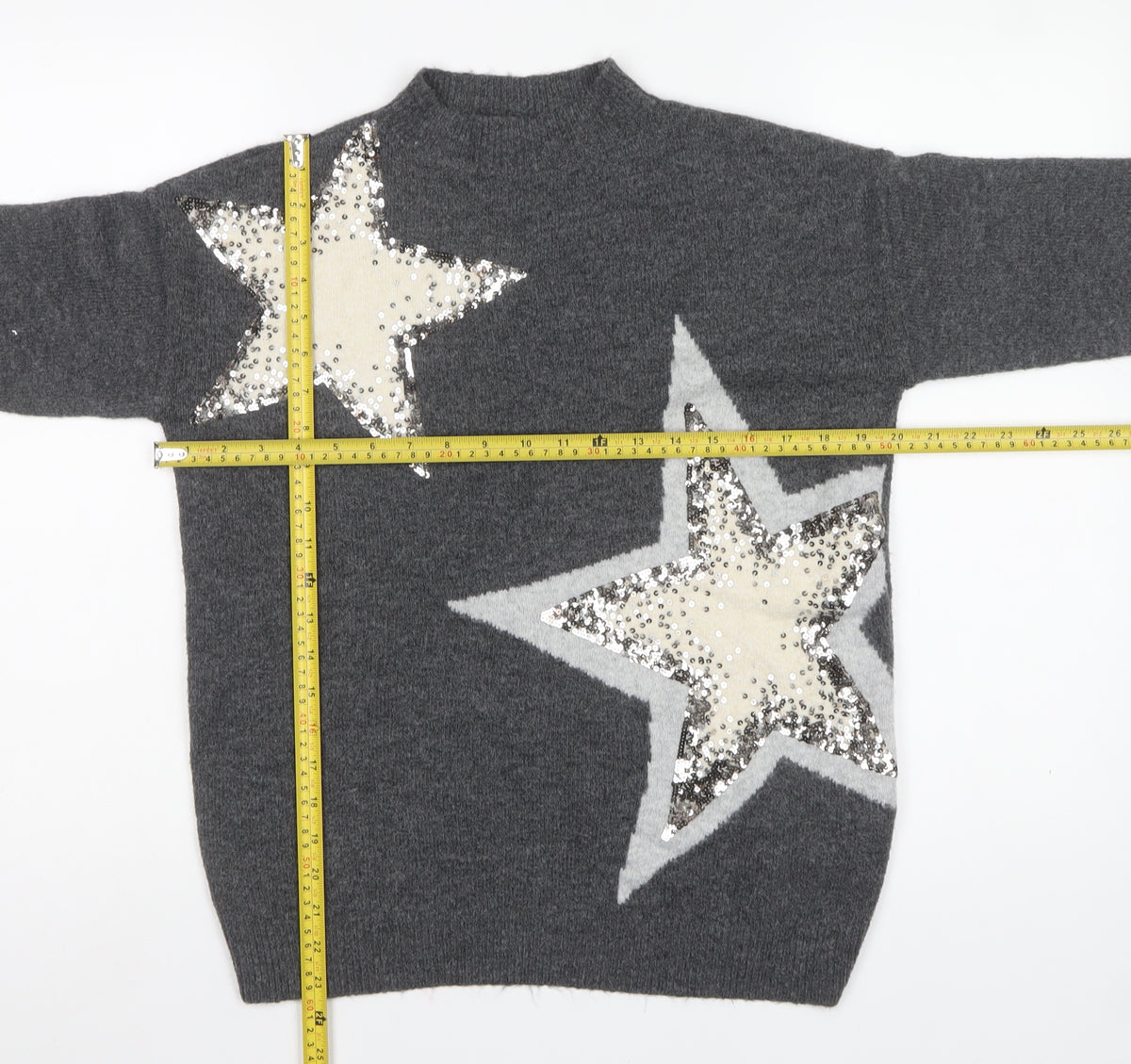 M&S Womens Grey Small Sequin Star High Neck Knit Jumper