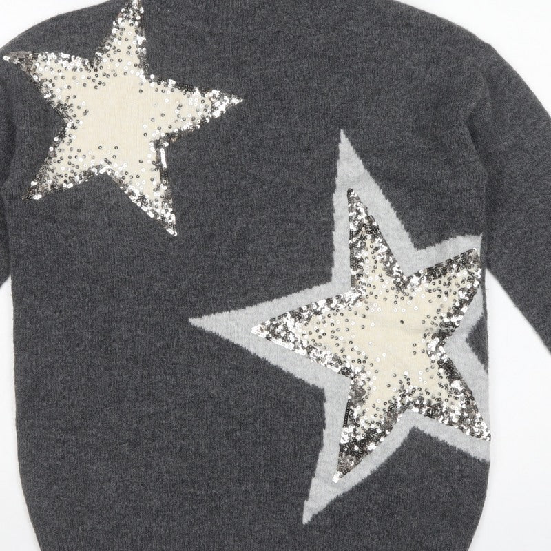 M&S Womens Grey Small Sequin Star High Neck Knit Jumper