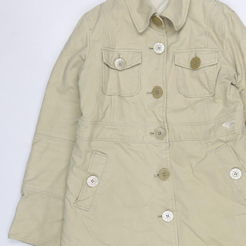 Roxy Womens Beige Size 8 Long Military Cotton Button Coat