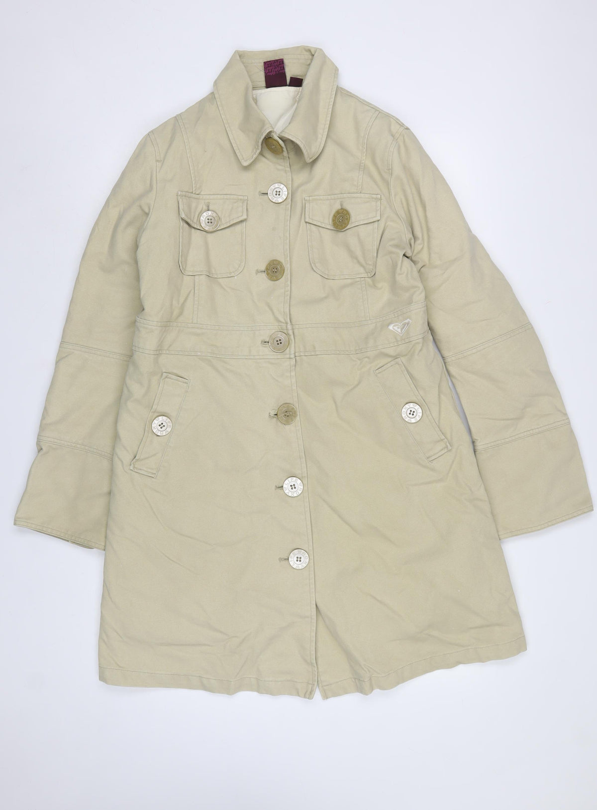 Roxy Womens Beige Size 8 Long Military Cotton Button Coat
