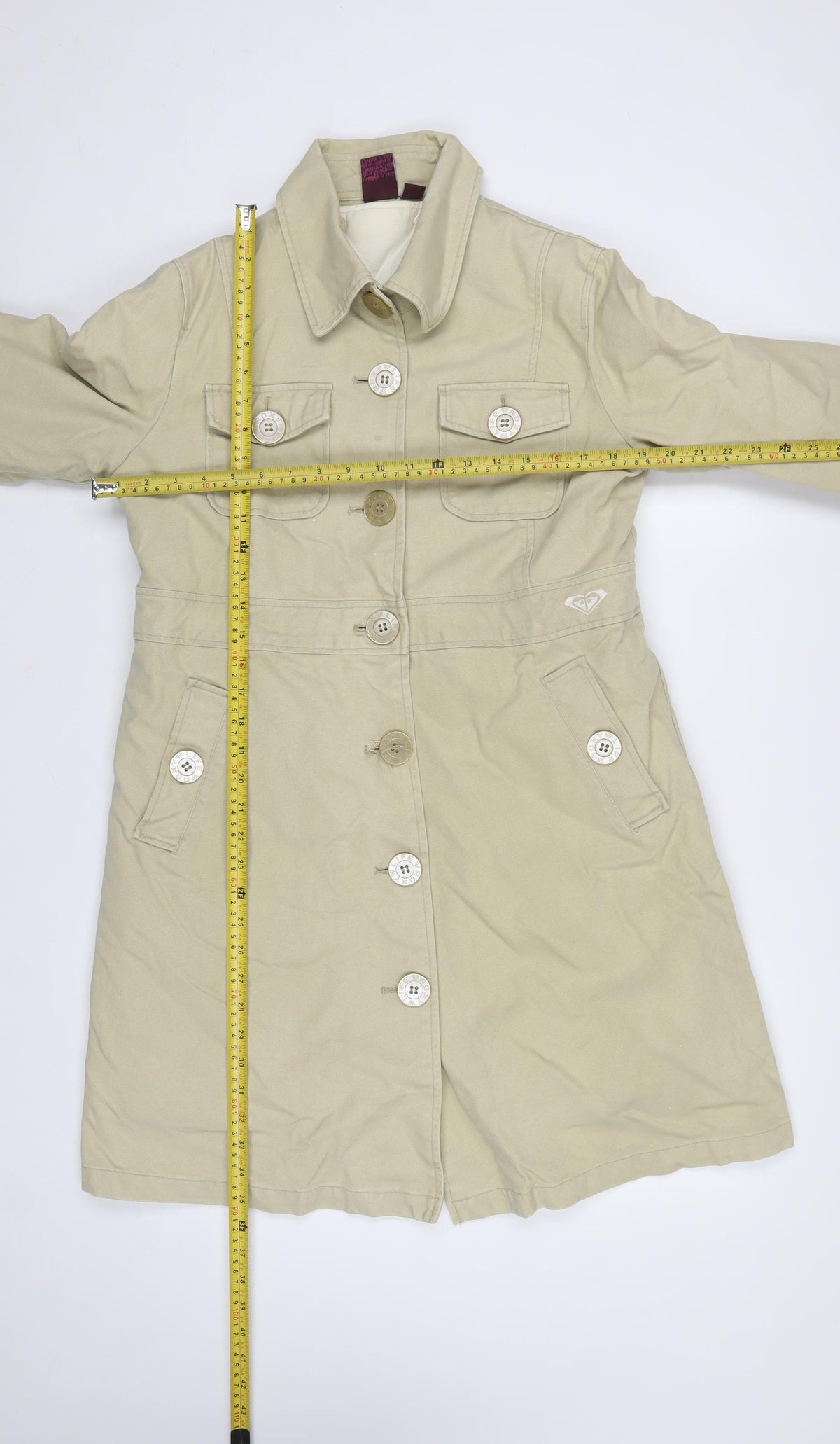 Roxy Womens Beige Size 8 Long Military Cotton Button Coat