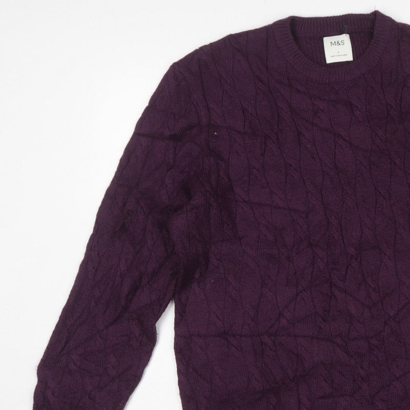 M&S Mens Purple L Cable Knit Crew Neck Pullover Jumper