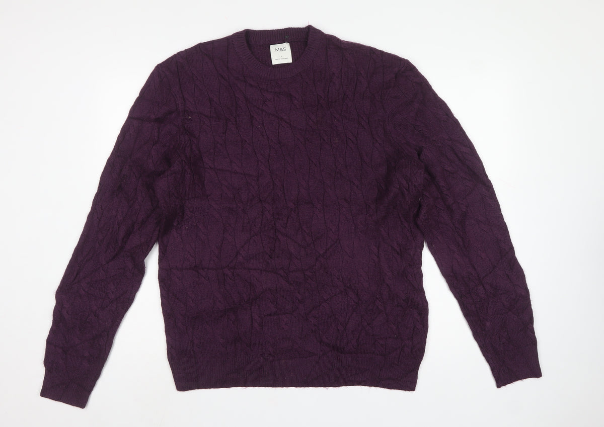 M&S Mens Purple L Cable Knit Crew Neck Pullover Jumper