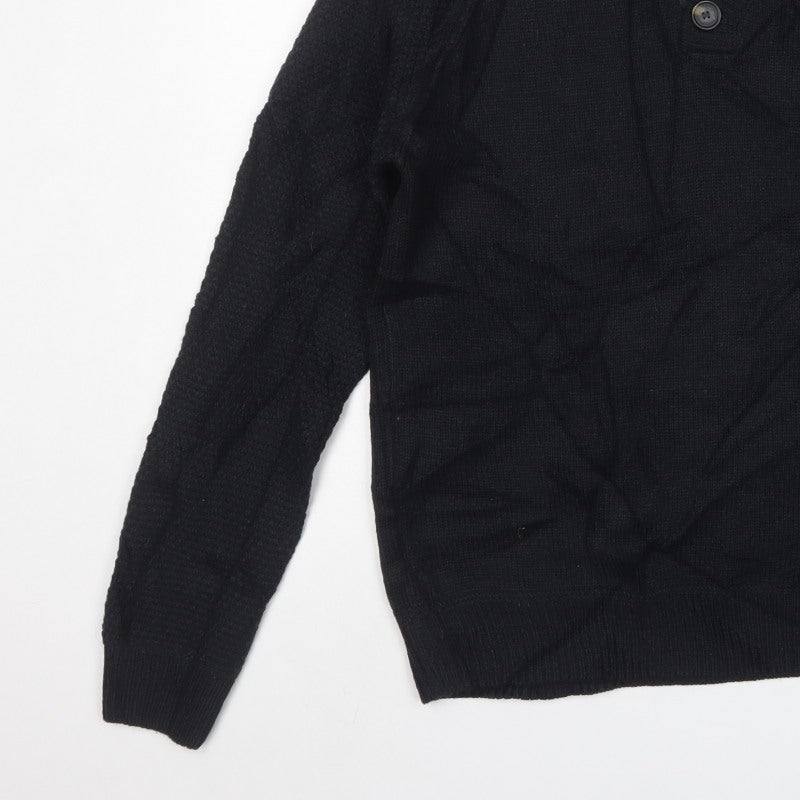 Open Men’s Black L High Neck Button Henley Knit Jumper