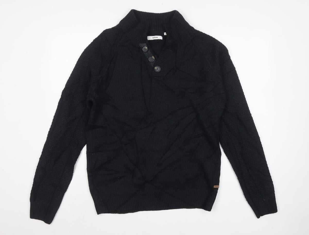 Open Men’s Black L High Neck Button Henley Knit Jumper