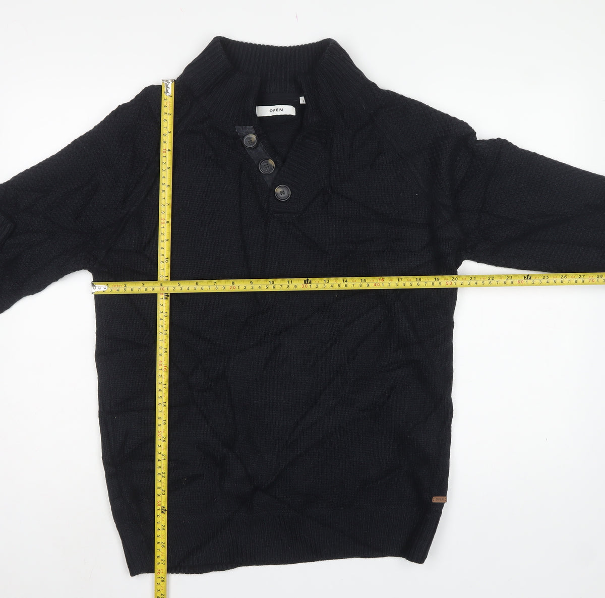 Open Men’s Black L High Neck Button Henley Knit Jumper