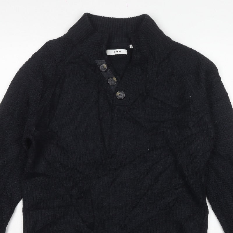 Open Men’s Black L High Neck Button Henley Knit Jumper