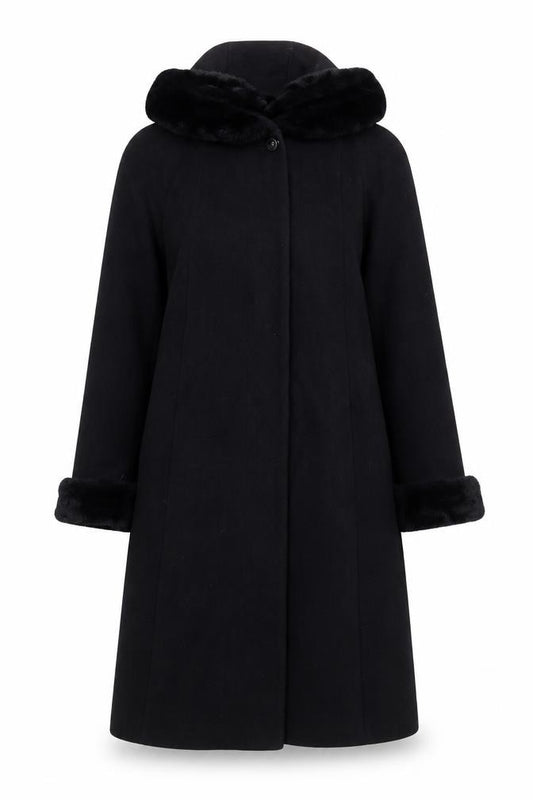 Braefair Women’s Black Size 8 Hooded Fur Trim Long Overcoat USA