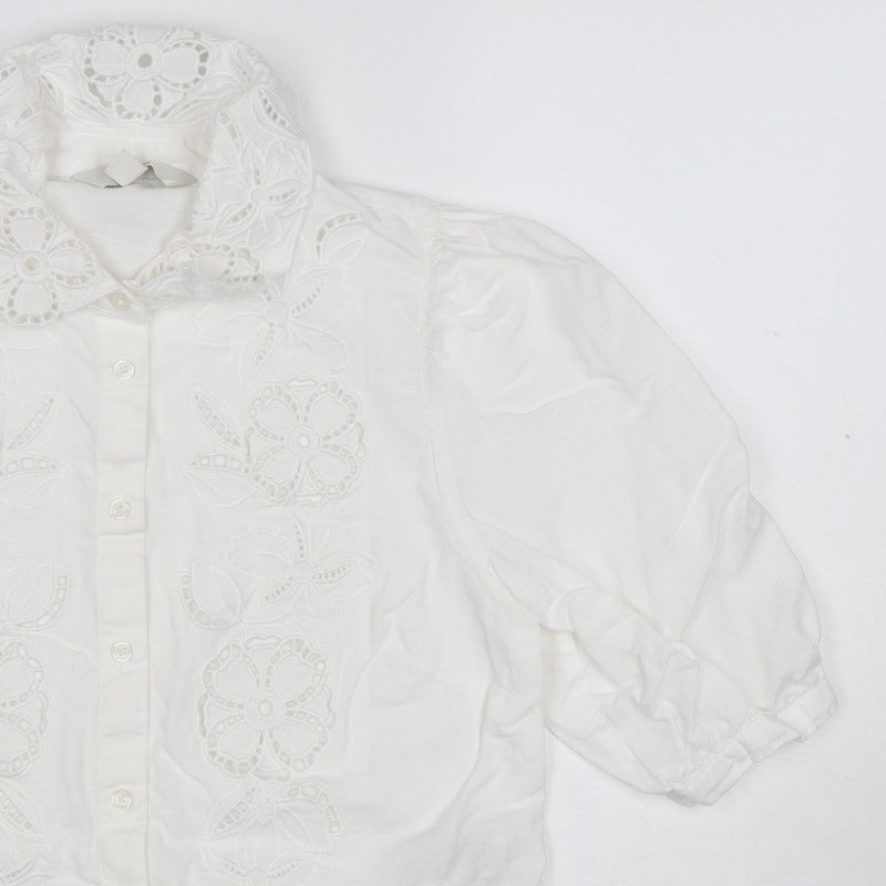 Marks & Spencer Women White Size 8 Floral Embroidered Button-Up Blouse