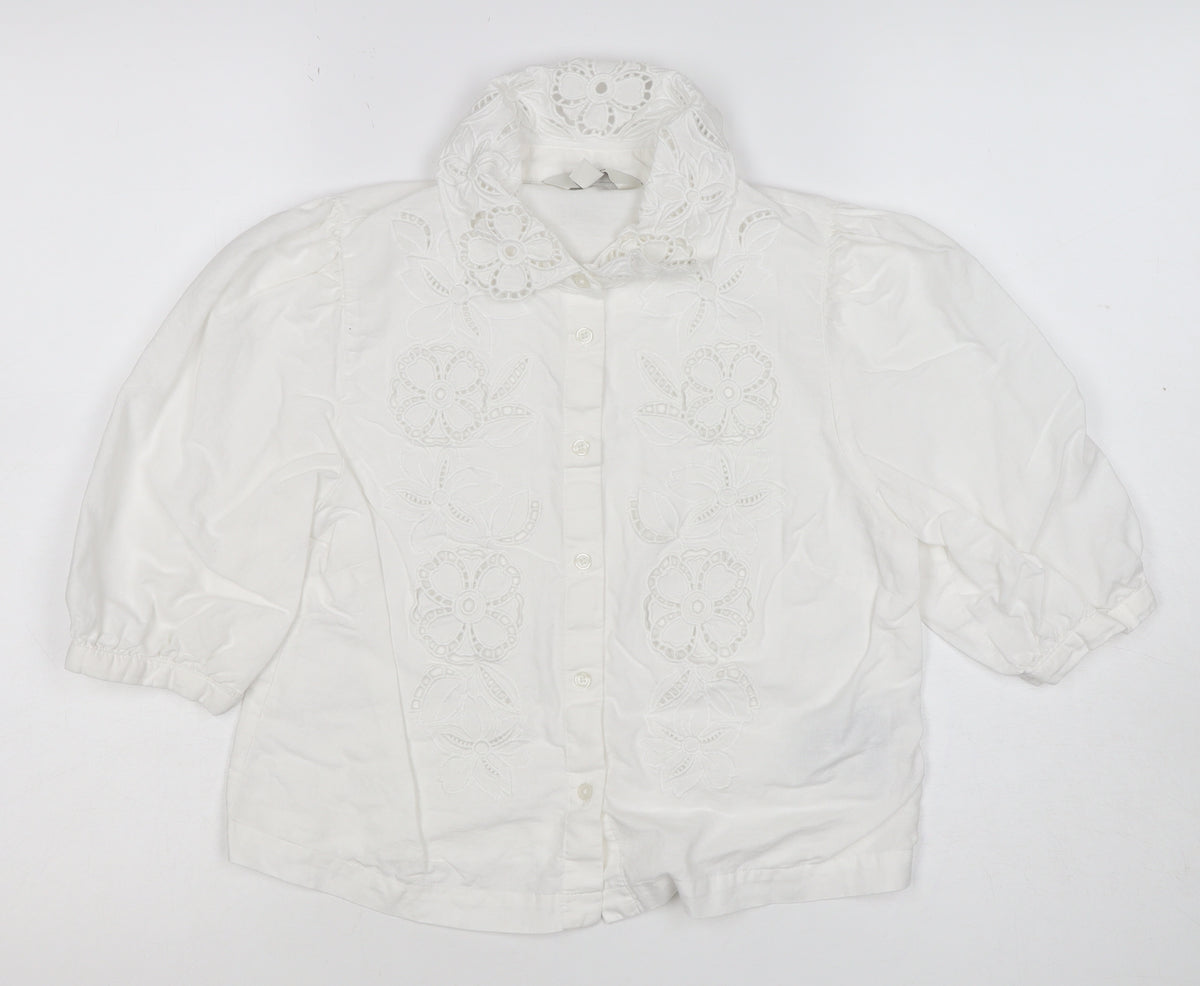 Marks & Spencer Women White Size 8 Floral Embroidered Button-Up Blouse