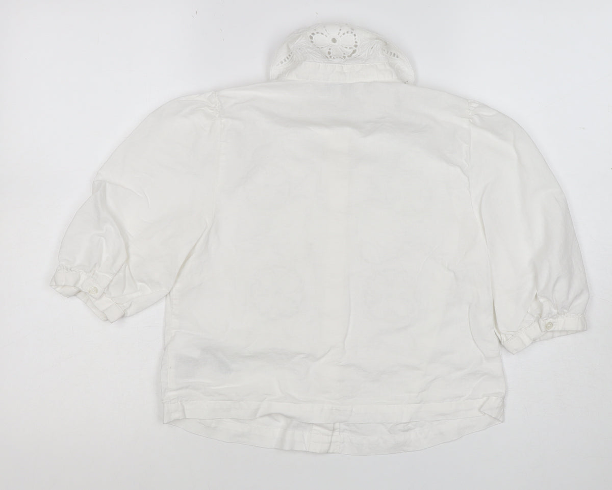 Marks & Spencer Women White Size 8 Floral Embroidered Button-Up Blouse