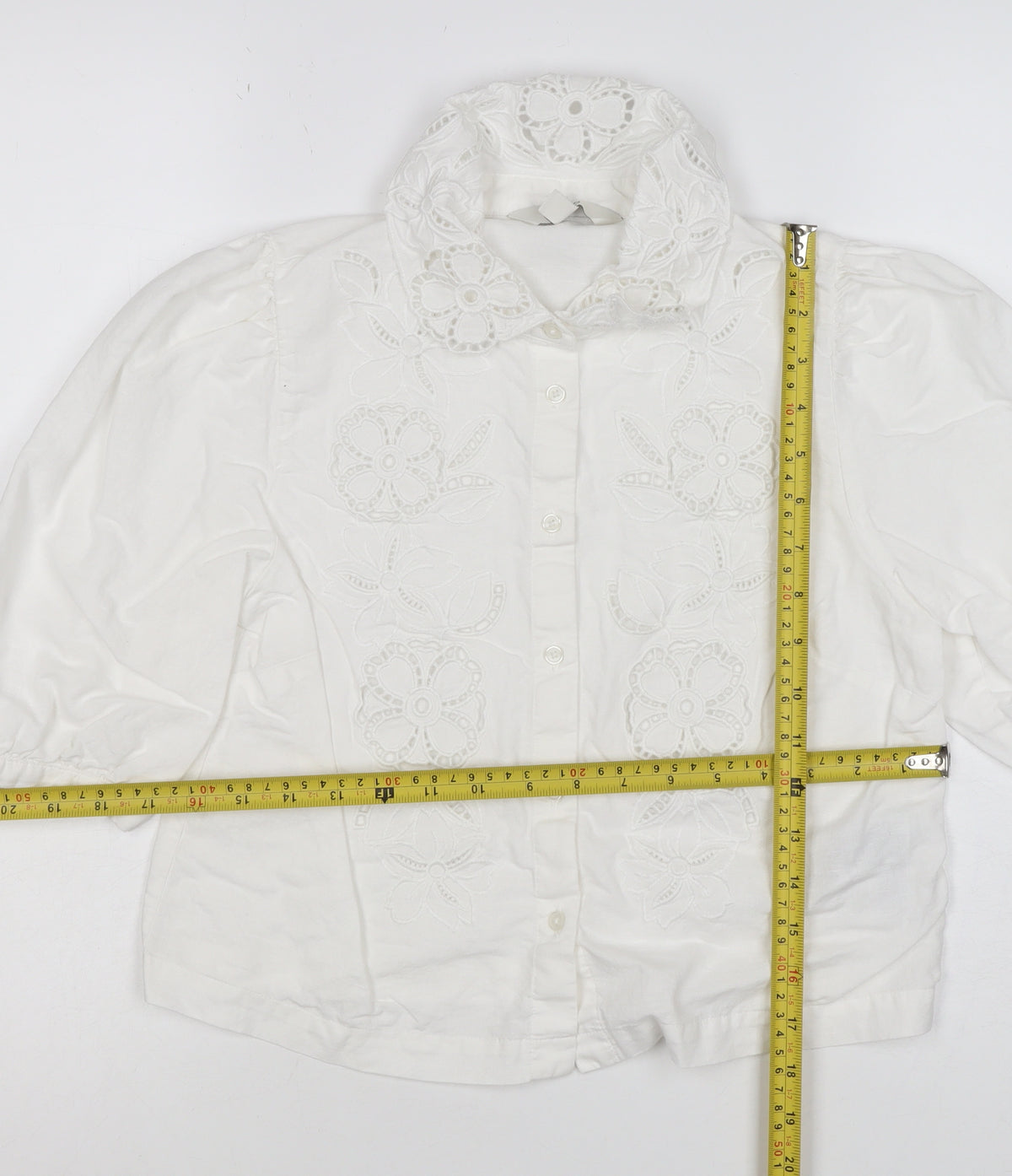 Marks & Spencer Women White Size 8 Floral Embroidered Button-Up Blouse