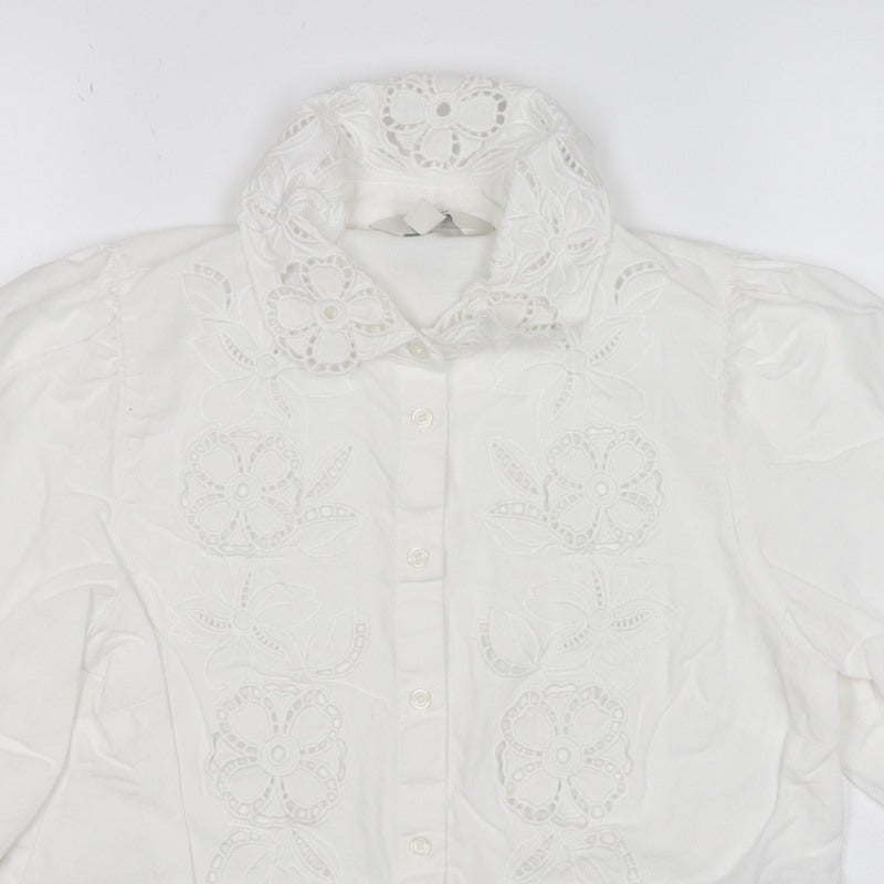 Marks & Spencer Women White Size 8 Floral Embroidered Button-Up Blouse