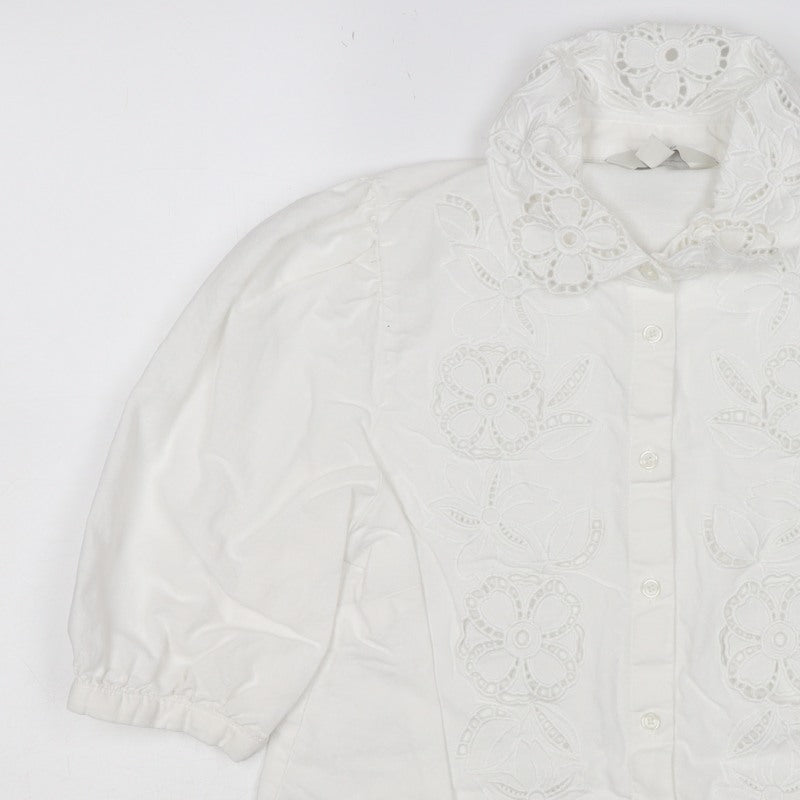 Marks & Spencer Women White Size 8 Floral Embroidered Button-Up Blouse