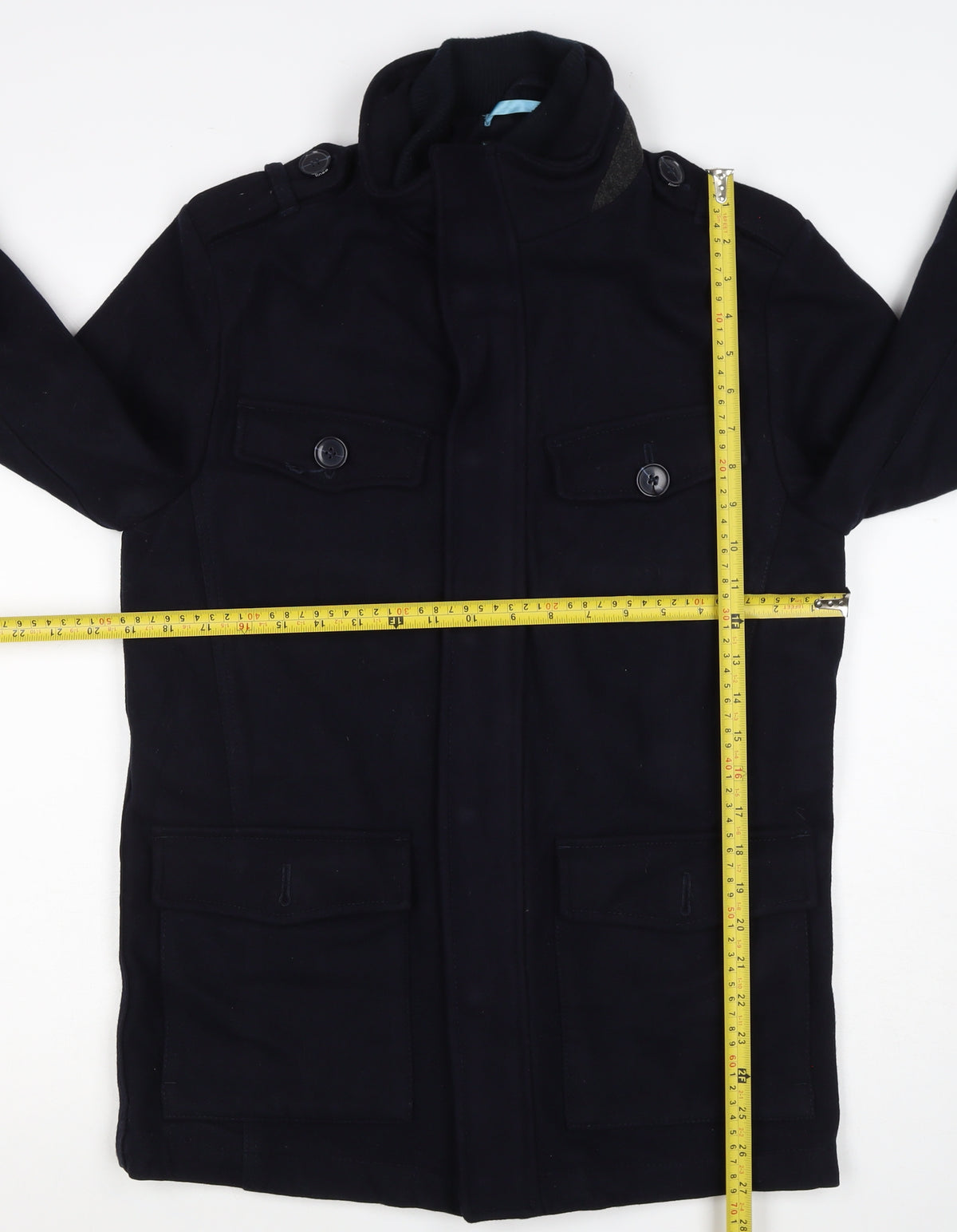 Linea Men’s Black S Wool Blend Military Style Mid-Length Coat