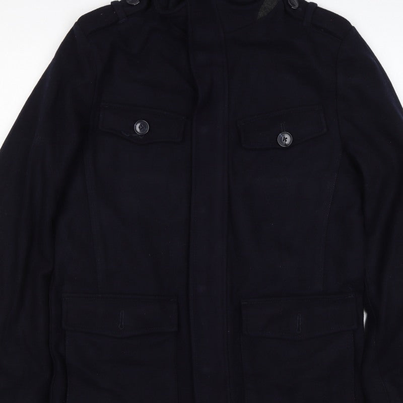 Linea Men’s Black S Wool Blend Military Style Mid-Length Coat