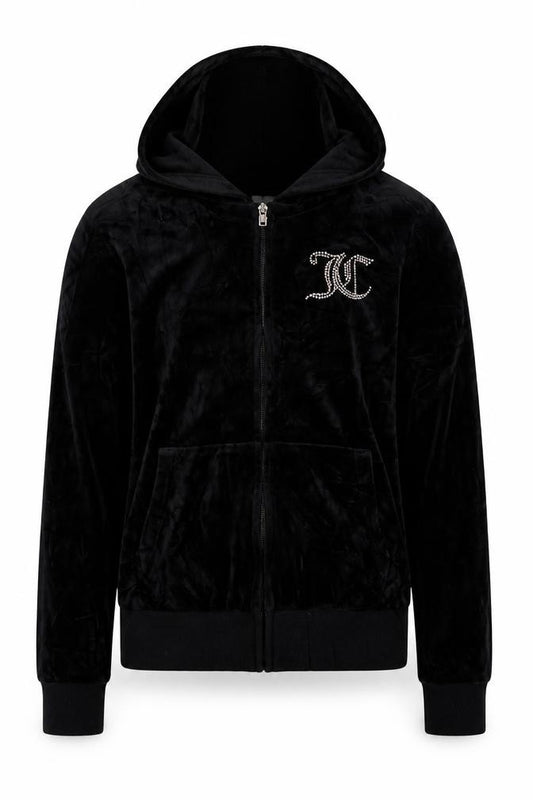 Juicy Couture Girls Black 10-11 Years Velour Rhinestone Logo Full Zip Hoodie