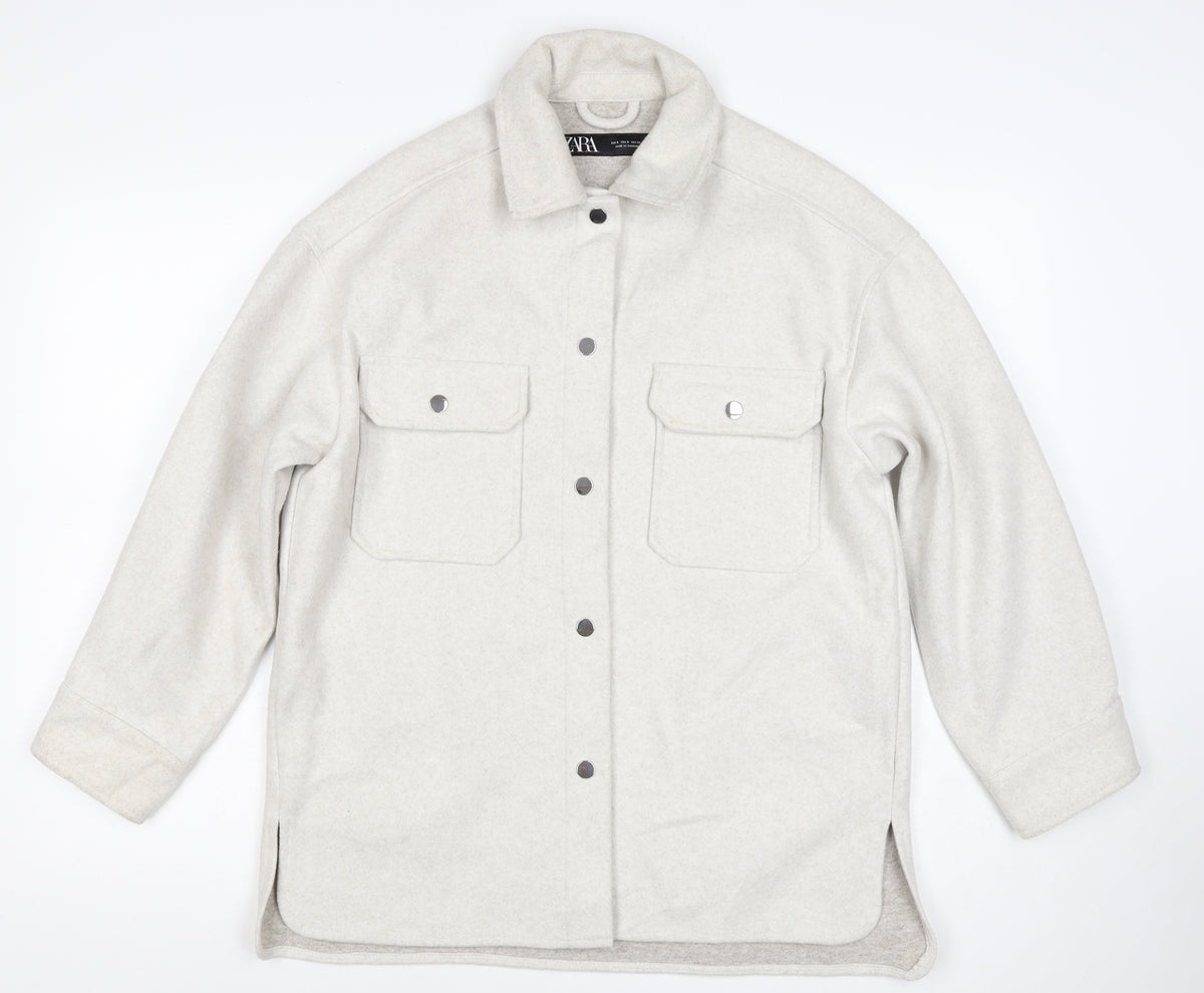 Zara Women Ivory S Fleece Shacket Snap Button Pocket Jacket