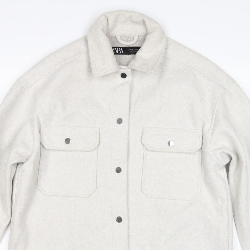 Zara Women Ivory S Fleece Shacket Snap Button Pocket Jacket
