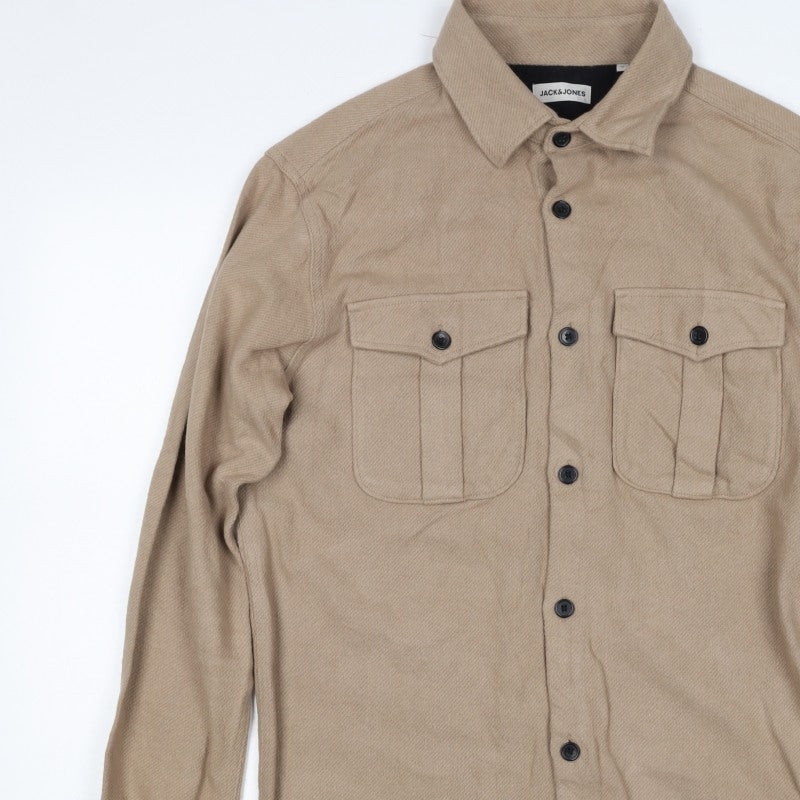 Jack & Jones Men’s Beige L Cotton Herringbone Overshirt Button-Up