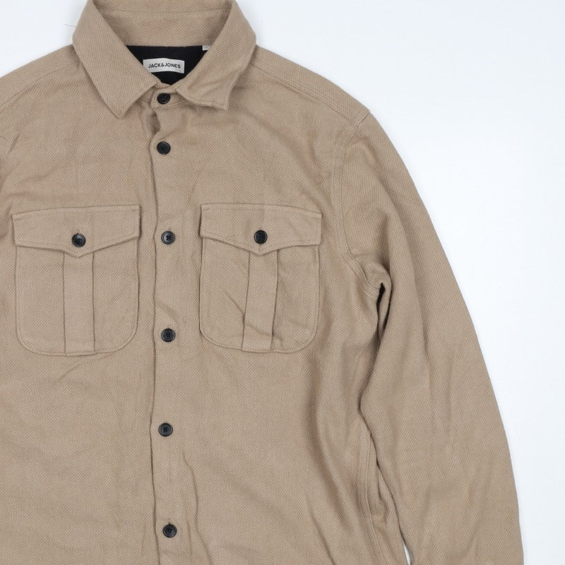 Jack & Jones Men’s Beige L Cotton Herringbone Overshirt Button-Up