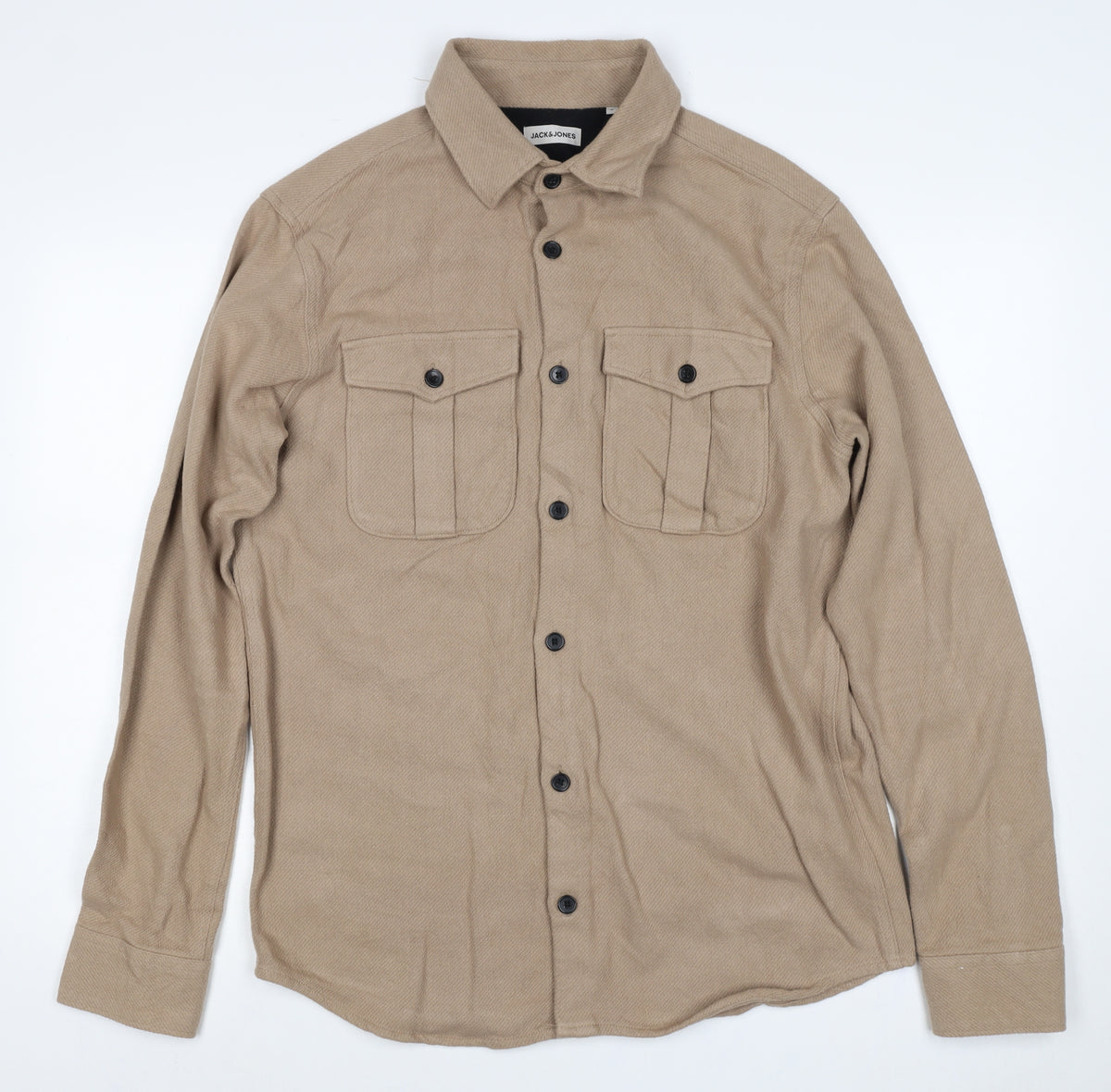 Jack & Jones Men’s Beige L Cotton Herringbone Overshirt Button-Up
