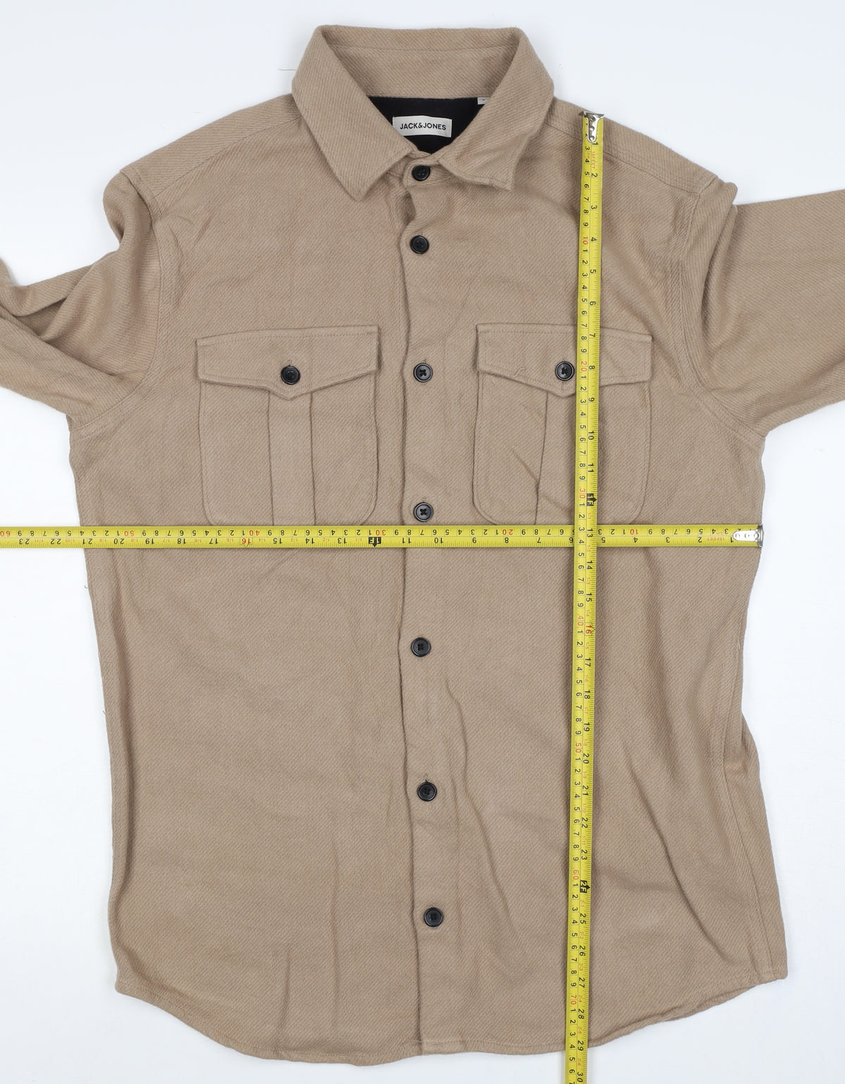 Jack & Jones Men’s Beige L Cotton Herringbone Overshirt Button-Up